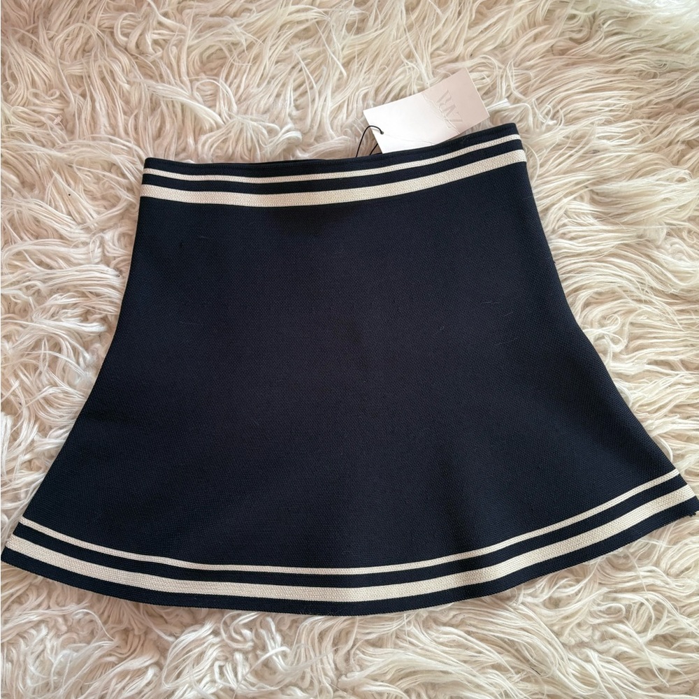 Zara NWT Navy Knit Mini Skirt Striped Hem Sporty A-Line Size S